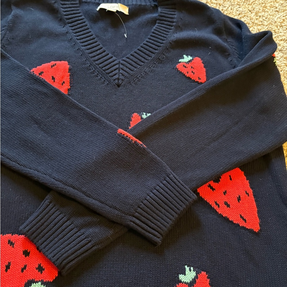LOFT Navy V-Neck Sweater with Strawberry Design